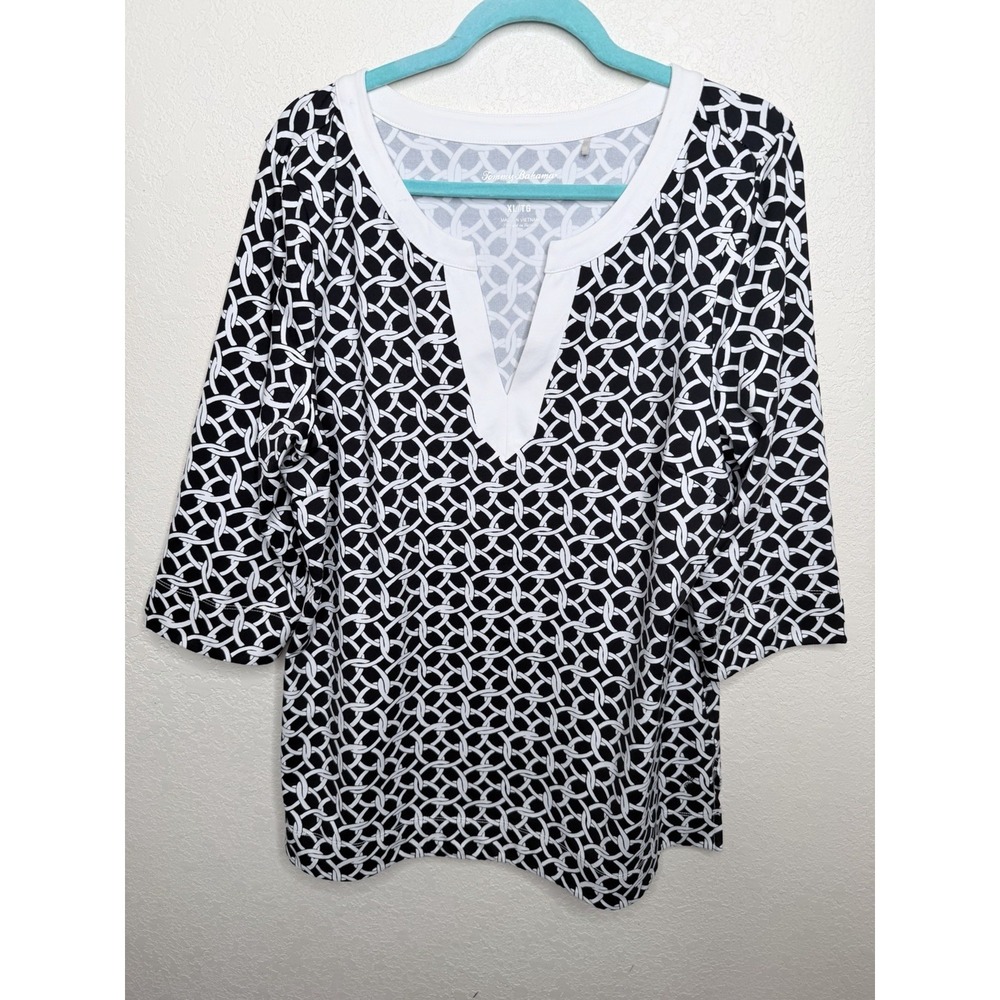 Tommy Bahama Island Zone Tunic Top Size XL Black White Geometric  Half Sleeves‎